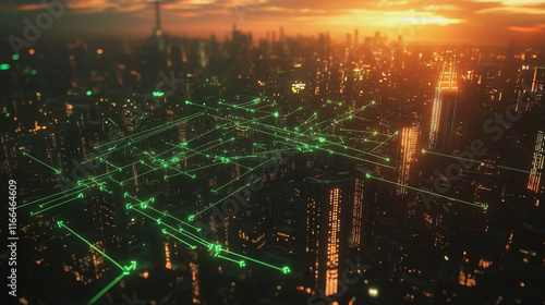 Smart Innovation city with connection cyber security network reciprocity over the sunset cityscape future wireless digital city and social media networking systems that connects people  in the city