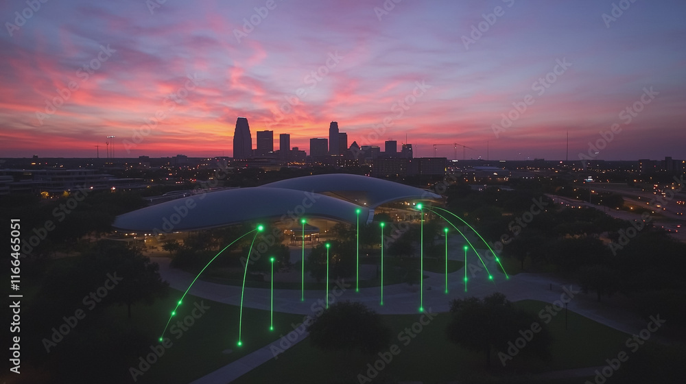 Obraz premium Smart Innovation city with connection cyber security network reciprocity over the sunset cityscape future wireless digital city and social media networking systems that connects people in the city