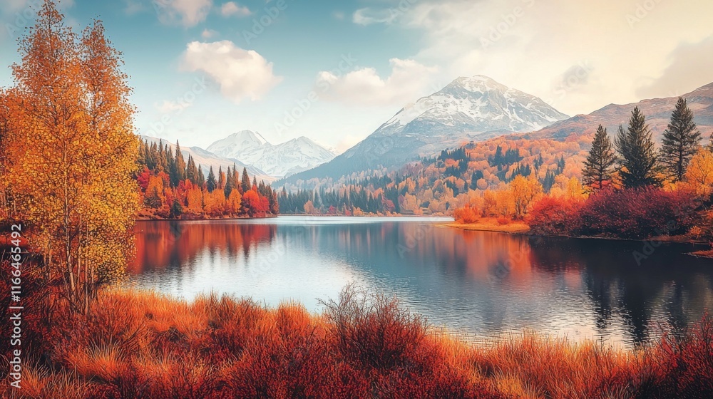 Fototapeta premium Scenic Autumn Lake Mountain Reflection Fall Colors Nature