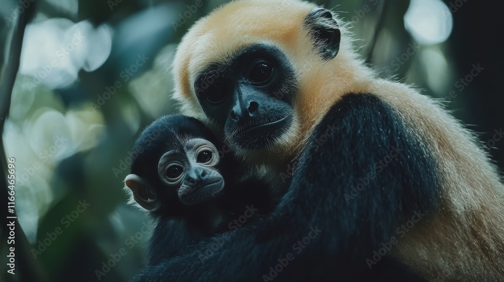 Fototapeta premium close image of Yellow Cheeked Gibbon monkey (Nomascus Gabriallae) mother with child in the forest 