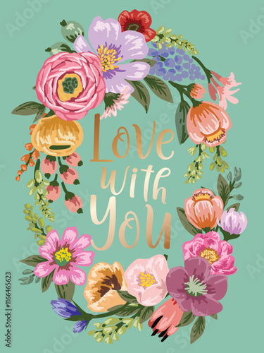 Card with floral frame, Flower Valentine’s Day vector card template, Wildflowers Floral love with you Card. Botanical background vector illustration ,card, cover, poster, greeting
