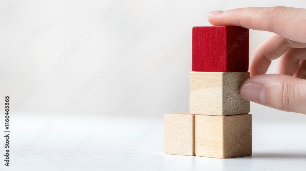 Building wooden cube blocks with red block on top Building wooden cube blocks with red block on top
