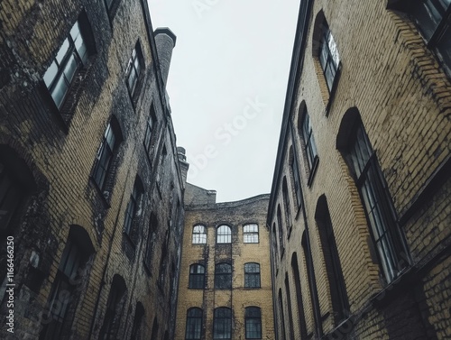 A view of a narrow alley between tall, aged brick buildings under a cloudy sky. photo