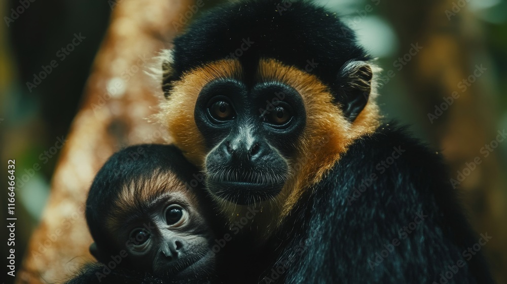Fototapeta premium close image of Yellow Cheeked Gibbon monkey (Nomascus Gabriallae) mother with child in the forest 