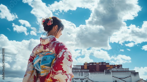 ポタラ宮と雲の空を背景にした着物姿の女性の優雅なポートレート photo