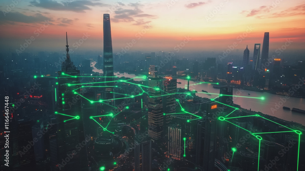 Fototapeta premium Smart Innovation city with connection cyber security network reciprocity over the sunset cityscape future wireless digital city and social media networking systems that connects people in the city