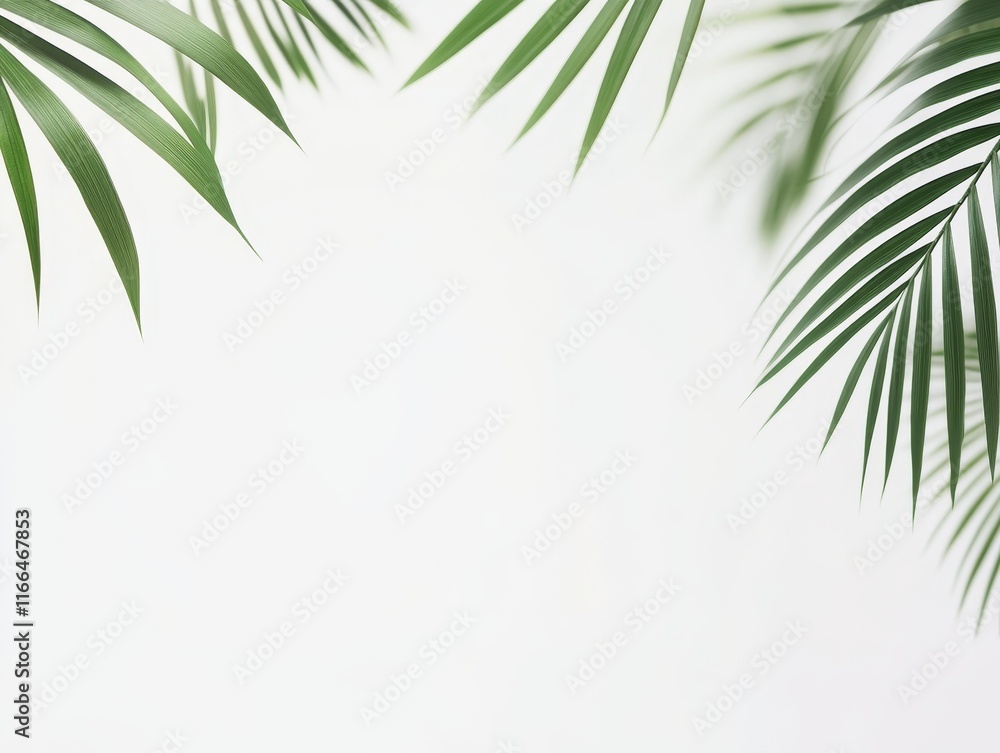 Naklejka premium Lush green palm leaves frame a bright, minimalistic background.