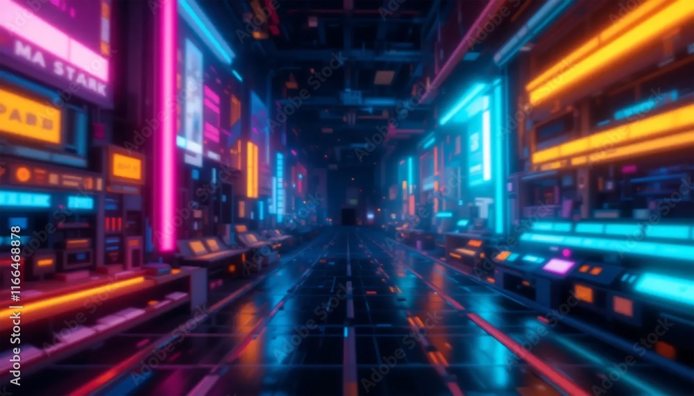Neon Cyberpunk City Corridor: Futuristic 80s Retro Scifi Background Neon Cyberpunk City Corridor: Futuristic 80s Retro Scifi Background