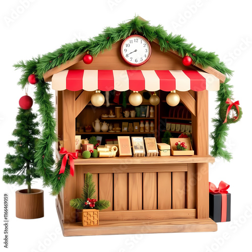 Charming Christmas Market Kiosk with Festive Decor on transparent background