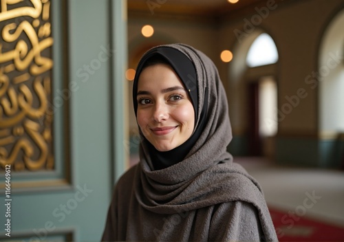 elegant Muslim woman wearing a modern hijab and modest dress, praying on a prayer rug in an airy, light-filled mosque photo