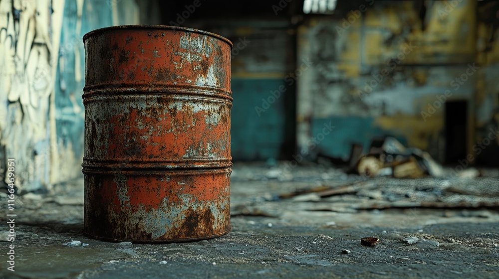 A rusty oil barrel in an abandoned industrial setting. A rusty oil barrel in an abandoned industrial setting.