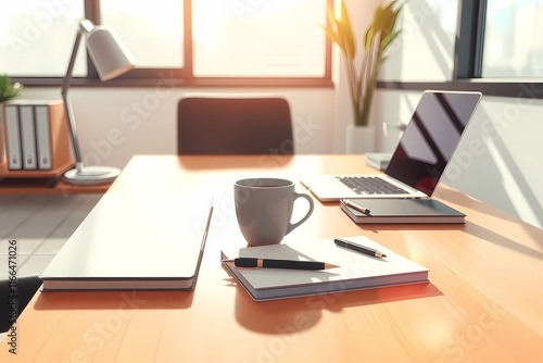 Wallpaper Mural Modern Office Desk With Laptop, Coffee Mug, and Sunlight Torontodigital.ca