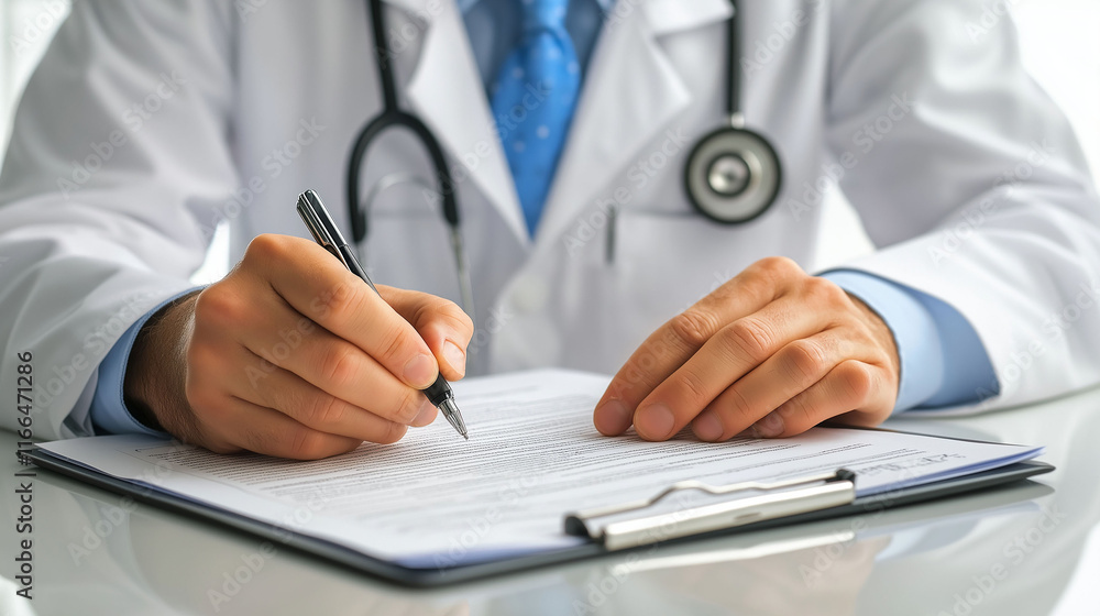 Close-up of a doctor's hands writing a medical prescription Close-up of a doctor's hands writing a medical prescription