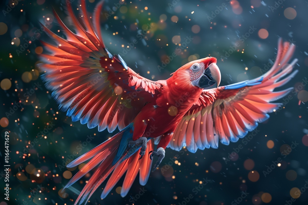 Obraz premium A vibrant scarlet macaw in flight, showcasing its stunning plumage against a blurred emerald backdrop.