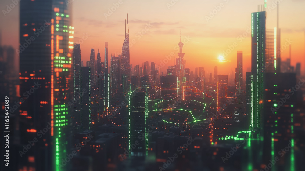 Fototapeta premium Smart Innovation city with connection cyber security network reciprocity over the sunset cityscape future wireless digital city and social media networking systems that connects people in the city