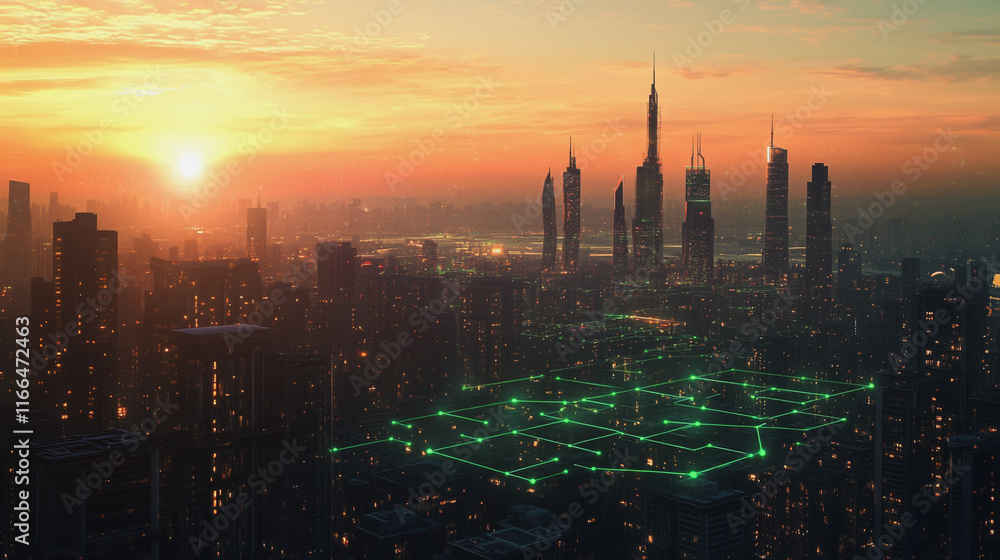 Smart Innovation city with connection cyber security network reciprocity over the sunset cityscape future wireless digital city and social media networking systems that connects people in the city Smart Innovation city with connection cyber security network reciprocity over the sunset cityscape future wireless digital city and social media networking systems that connects people in the city