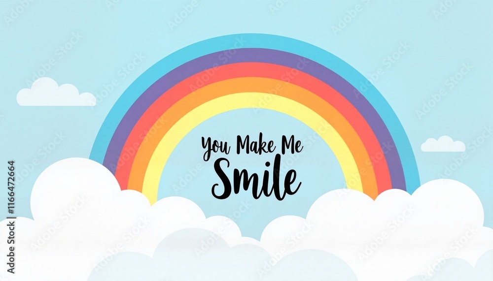Rainbow with clouds on a blue background with text You make me smile Rainbow with clouds on a blue background with text You make me smile
