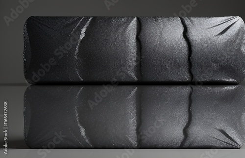 A close-up shot of wrinkled plastic wrap against a black background, emphasizing the smooth, glossy texture and folds. photo