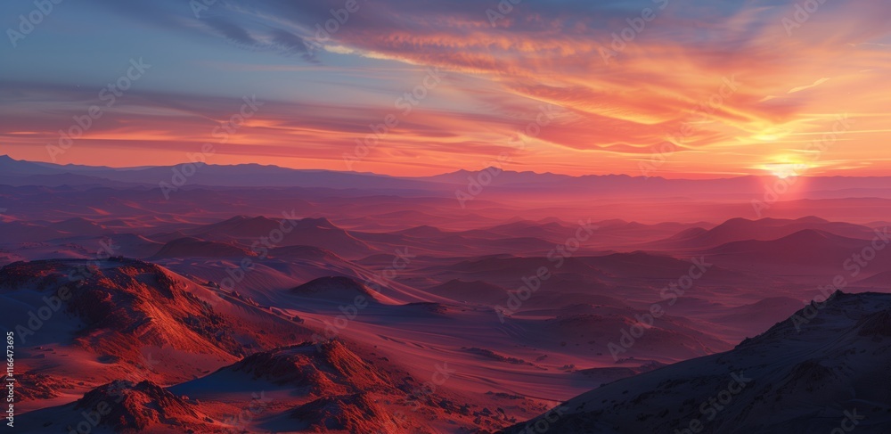 Naklejka premium Breathtaking sunset over rugged mountains, showcasing vibrant colors and dramatic sky, perfect for travel themes.