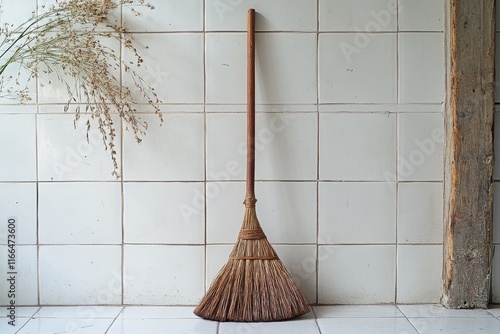 Rustic broom leaning against tiled wall, dried flowers nearby. Perfect for home decor, rustic themes, and cleaning concepts. photo