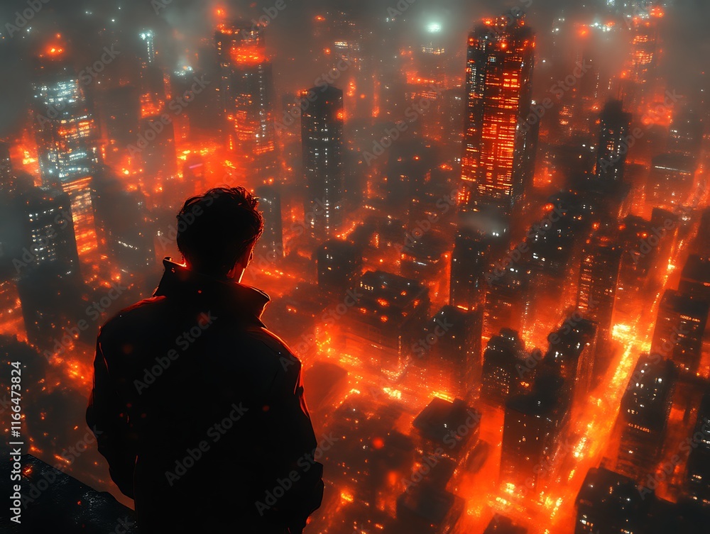 Man overlooking fiery cityscape at night. Man overlooking fiery cityscape at night.