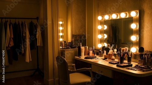Stylish room with dressing table, mirror and wardrobe rack