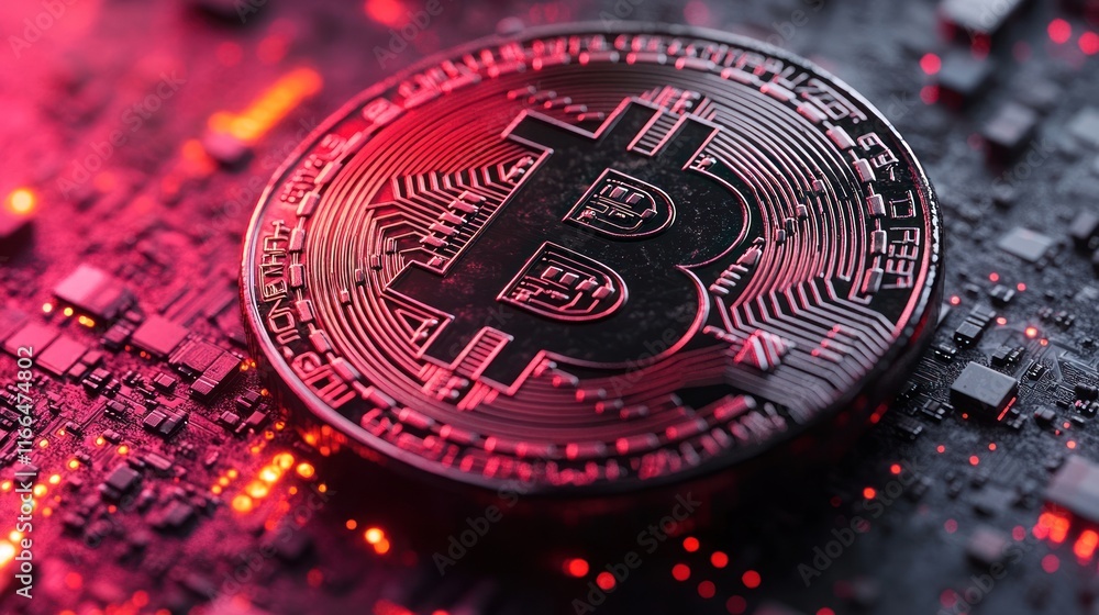 Bitcoin coin on circuit board, red glows for crypto digital currency. Bitcoin coin on circuit board, red glows for crypto digital currency.