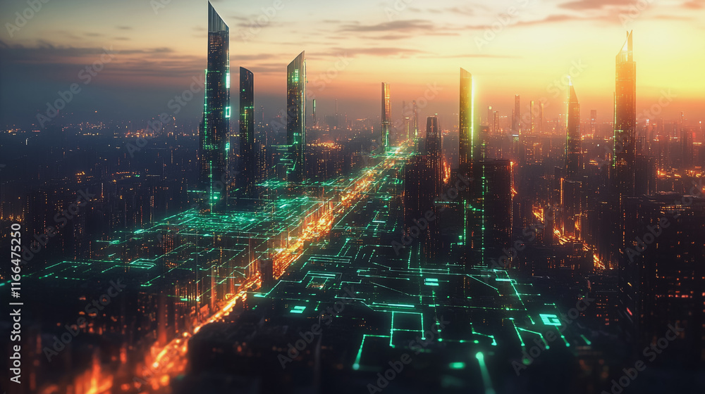 Obraz premium Smart Innovation city with connection cyber security network reciprocity over the sunset cityscape future wireless digital city and social media networking systems that connects people in the city