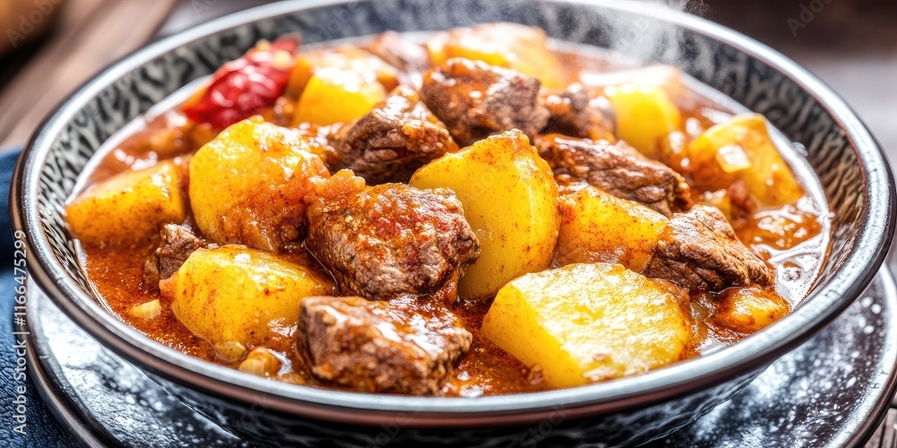 A hearty beef and potato stew served in a decorative bowl, steaming and appetizing. A hearty beef and potato stew served in a decorative bowl, steaming and appetizing.