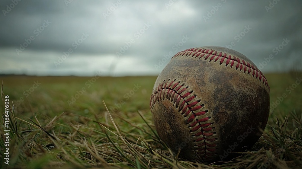 A weathered leather baseball with red stitching on grass on a cloudy day A weathered leather baseball with red stitching on grass on a cloudy day