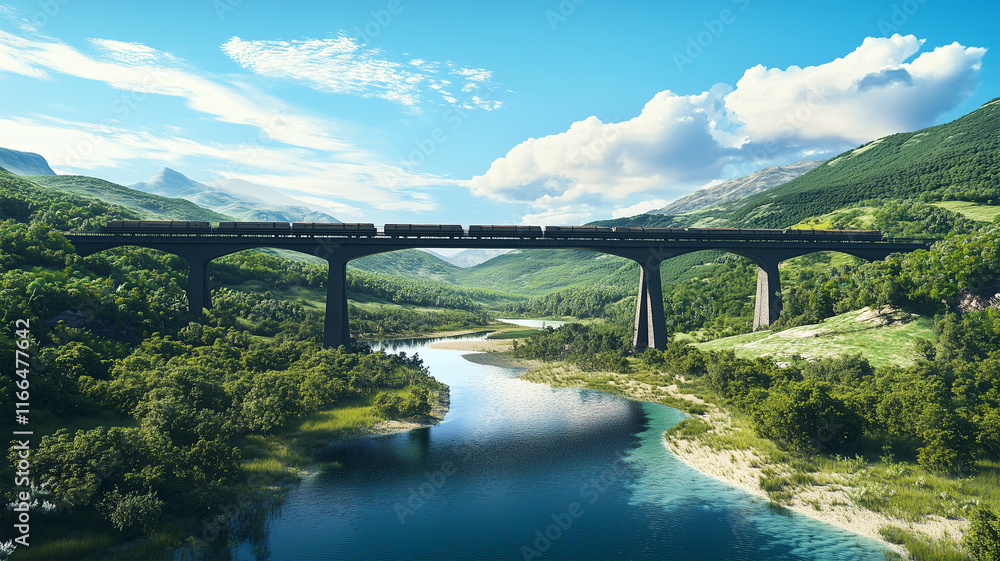 Fototapeta premium 青空の下、谷間を横断する線路と清らかな川の壮大な風景