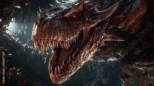 A fierce dragon with sharp teeth and glowing eyes, set in a dark, cavernous environment. photo