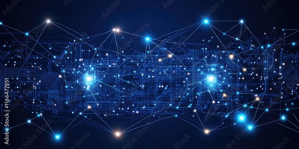 Obraz premium Abstract digital network visualization with interconnected nodes and glowing elements.