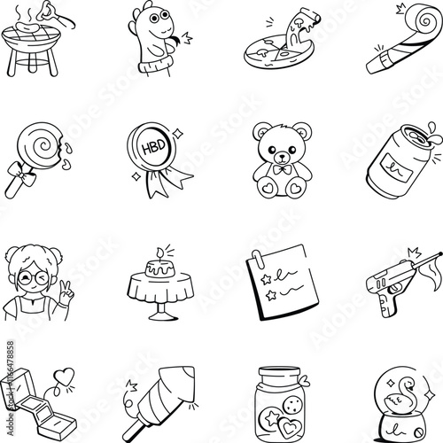 Collection of Hand Drawn Happy Birthday Icons 
