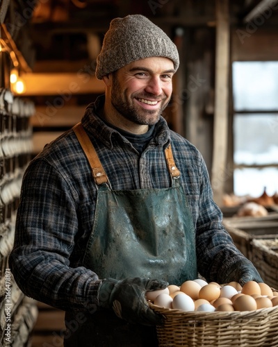 A smiling man holds a basket of eggs in a rustic farm setting.