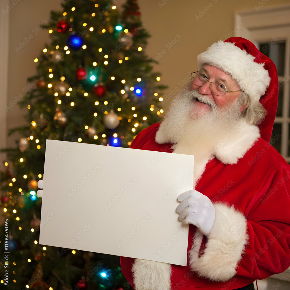 Authentic Santa Claus with poster in room decorated for Christmas Authentic Santa Claus with poster in room decorated for Christmas