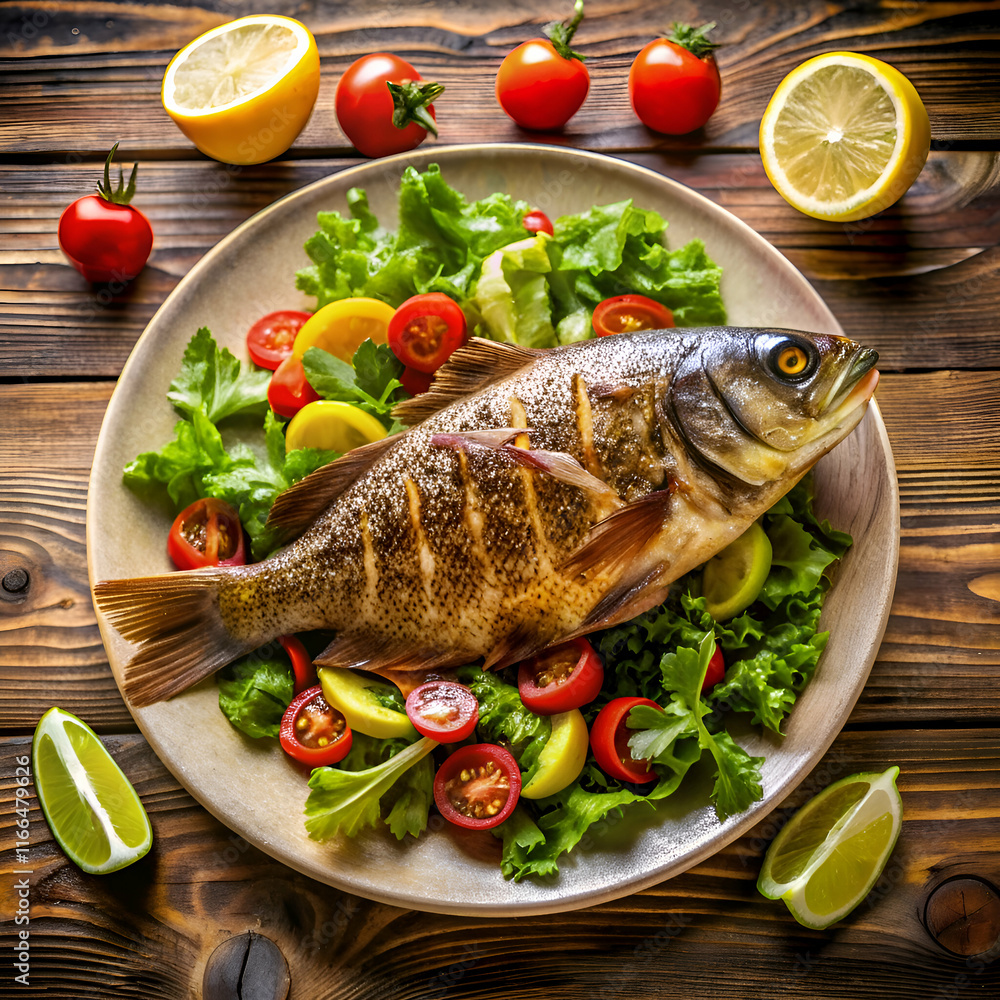 Grilled Fish with Fresh Salad and Lemon Slices on a Wooden Table. Grilled Fish with Fresh Salad and Lemon Slices on a Wooden Table.