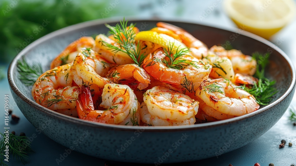 Close-up of grilled shrimp seasoned with dill and lemon in a bowl. Close-up of grilled shrimp seasoned with dill and lemon in a bowl.