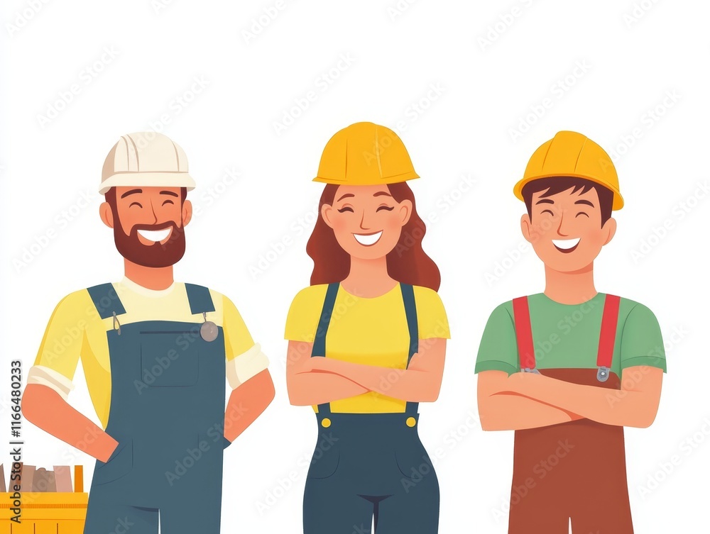Three smiling construction workers in hard hats, showcasing teamwork and positivity. Three smiling construction workers in hard hats, showcasing teamwork and positivity.