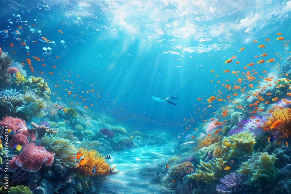 Fototapeta premium Vibrant underwater scene showcasing colorful coral reefs and diverse marine life illuminated by sunlight.