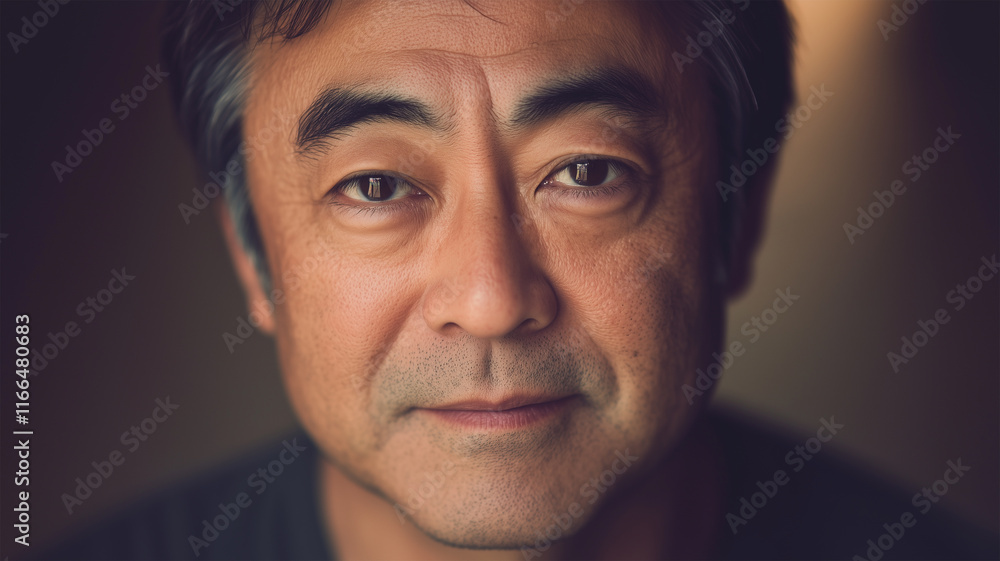 柔らかな光の中で映える40代日本人男性の美しい目 柔らかな光の中で映える40代日本人男性の美しい目