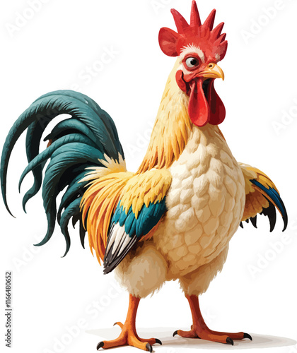 Vector image of a rooster with a funny facial expression standing tall and ready to fight.