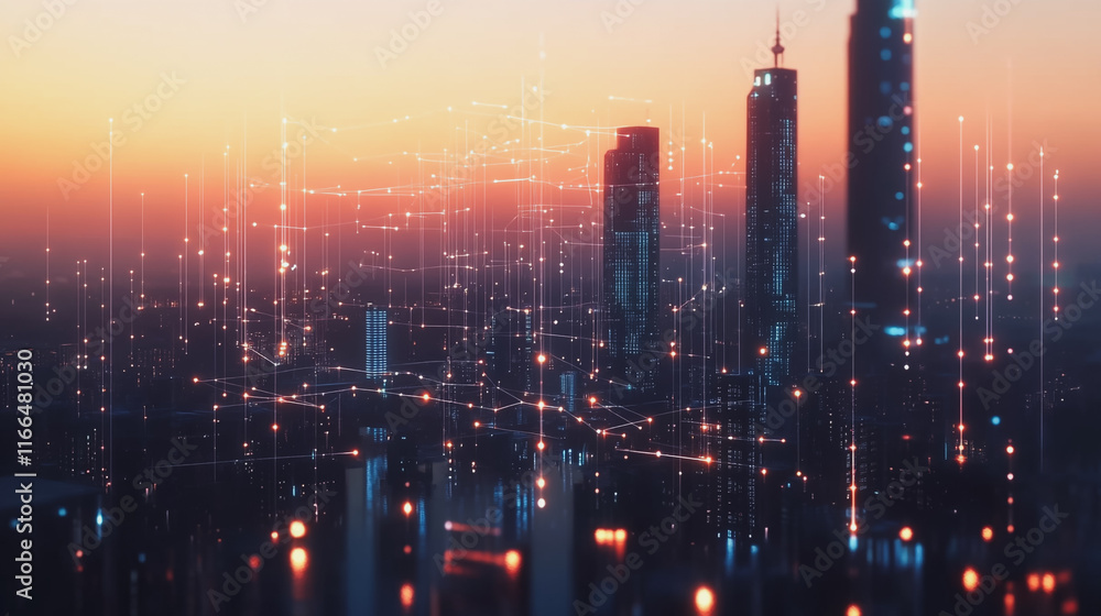 Fototapeta premium Smart Innovation city with connection cyber security network reciprocity over the sunset cityscape future wireless digital city and social media networking systems that connects people in the city