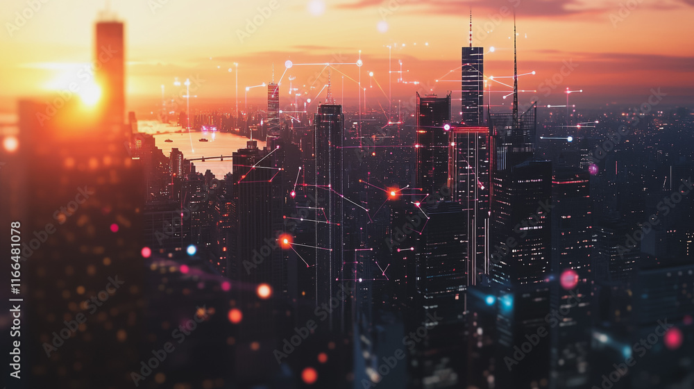 Smart Innovation city with connection cyber security network reciprocity over the sunset cityscape future wireless digital city and social media networking systems that connects people in the city Smart Innovation city with connection cyber security network reciprocity over the sunset cityscape future wireless digital city and social media networking systems that connects people in the city