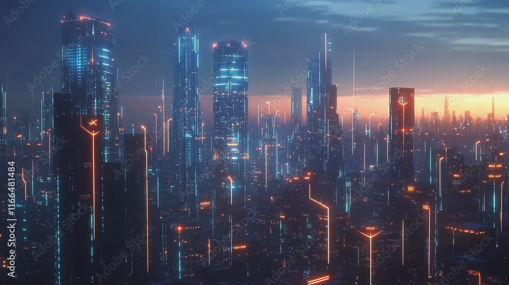 Fototapeta premium Smart Innovation city with connection cyber security network reciprocity over the sunset cityscape future wireless digital city and social media networking systems that connects people in the city