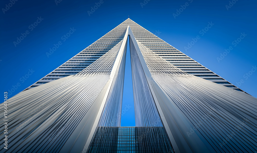 Majestic skyscraper, architectural marvel, modern building design, striking lines, blue sky background, urban landscape, contemporary architecture, impressive structure. Majestic skyscraper, architectural marvel, modern building design, striking lines, blue sky background, urban landscape, contemporary architecture, impressive structure.