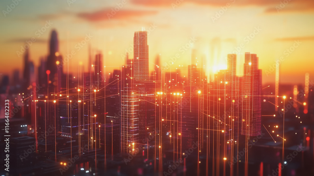 Fototapeta premium Smart Innovation city with connection cyber security network reciprocity over the sunset cityscape future wireless digital city and social media networking systems that connects people in the city