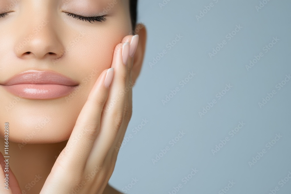 Obraz premium Close-up of a woman with flawless skin, touching her face gently with her hand, eyes closed in relaxation.