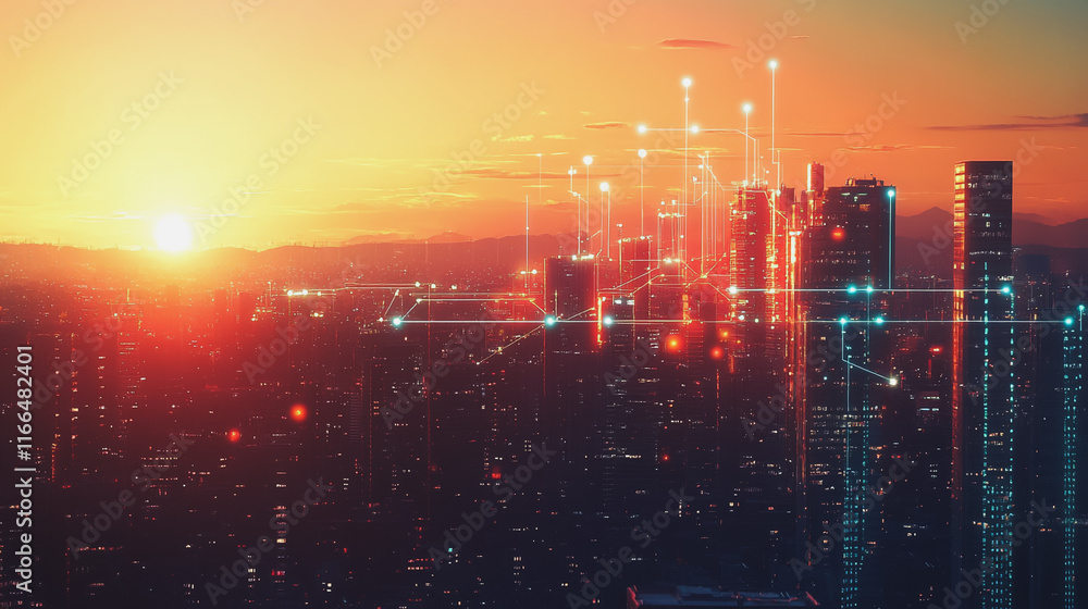Smart Innovation city with connection cyber security network reciprocity over the sunset cityscape future wireless digital city and social media networking systems that connects people in the city Smart Innovation city with connection cyber security network reciprocity over the sunset cityscape future wireless digital city and social media networking systems that connects people in the city
