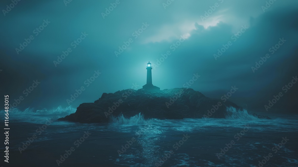 Fototapeta premium Luminescent Solitude: Dystopian-Futuristic Surrealism 3D Rendering of Isolated Lighthouse in Stormy Seas